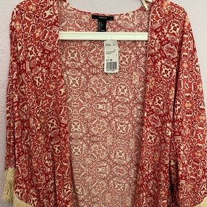 Forever 21 Red and Cream Geometric Pattered Kimono